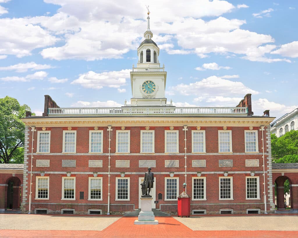 Independence Hall in Philadelphia, Pennsylvania, USA. Distracting poles and chains on the foreground were removed and the building perspective was corrected.