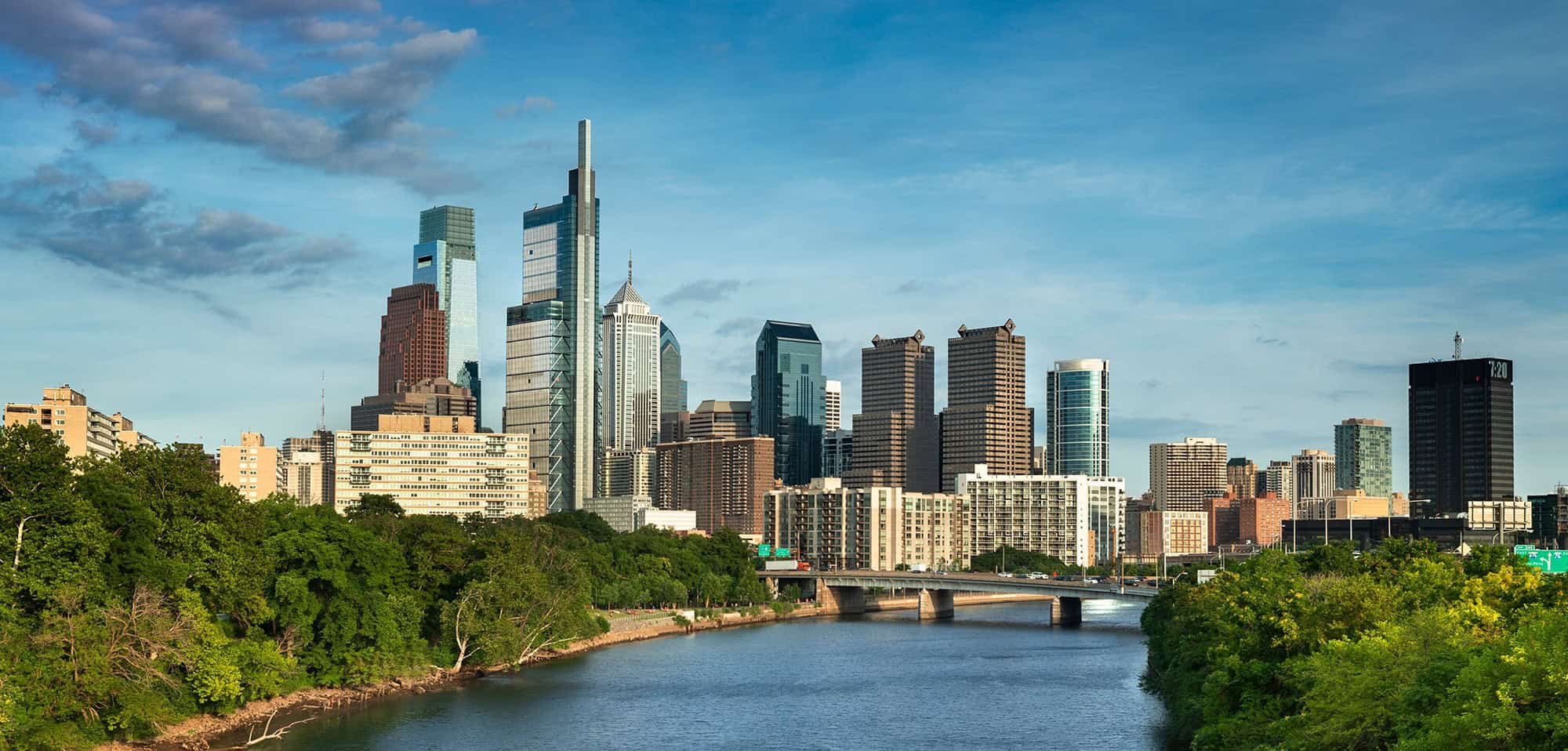 Philadelphia panorama cityscape downtown urban core skyscrapers over the Schuylkill River in Pennsylvania USA