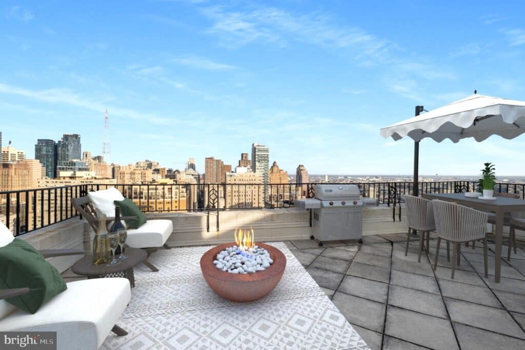 The outside deck featuring the Philadelphia skyline at 222 West Rittenhouse